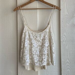 Abercrombie & Fitch | Cream Floral Embroidered Mesh Swing Cami Tank Top Size M